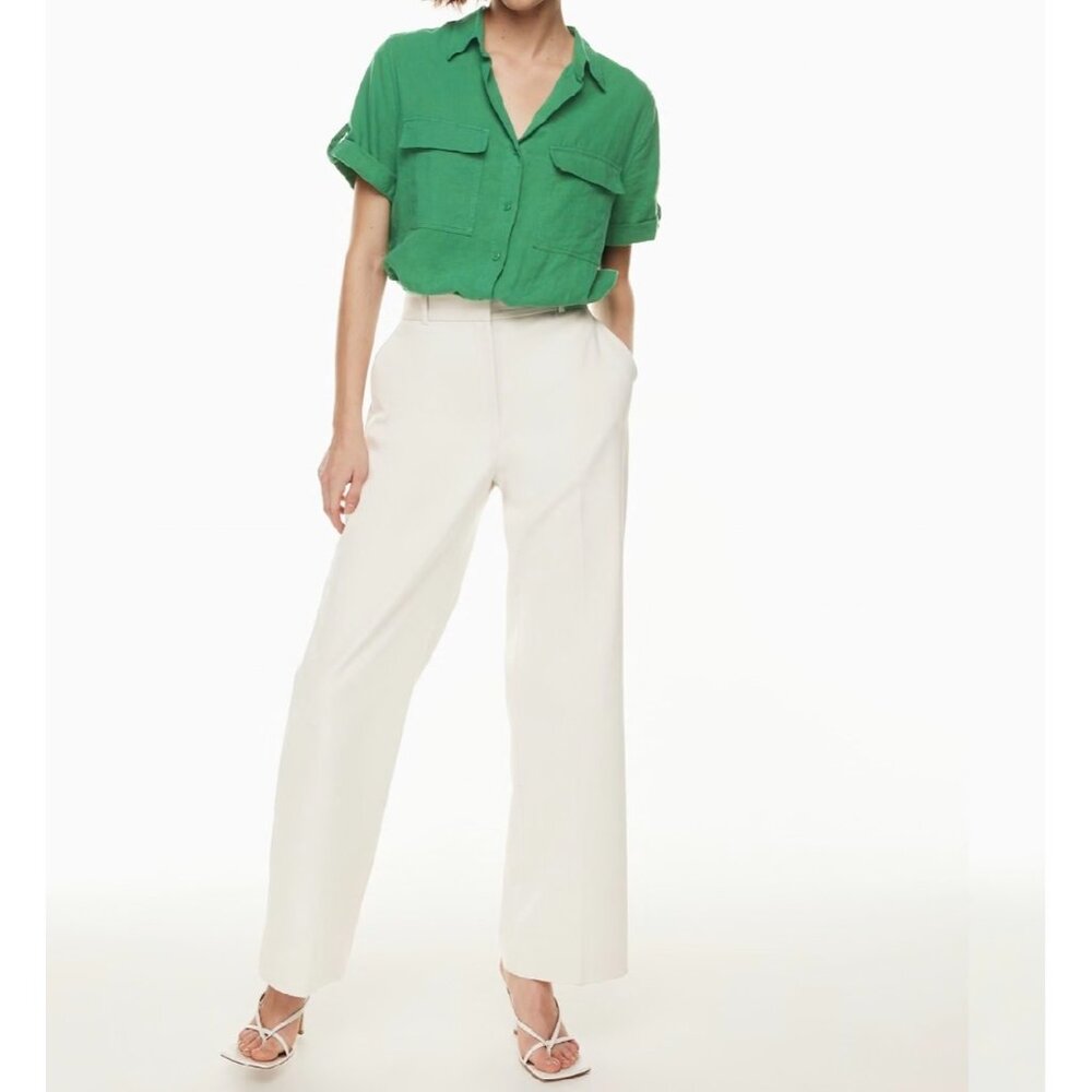 Aritzia Babaton Utility Button Up Shirt Short Sleeve Green Linen Lightweight Air